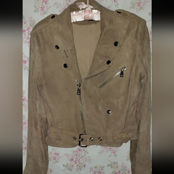 POLO RALPH LAUREN Womens Beige Suede Asymmetric Belted Biker Moto Jacket Sz 10 - Picture 2 of 16